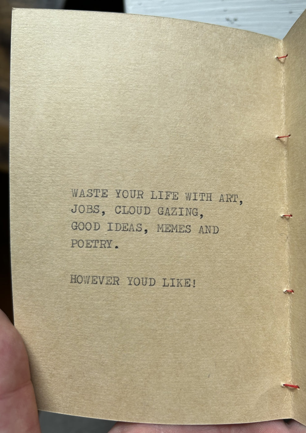 Waste Your Life poem - hand made/typed/stiched booklet (limited edition of 30)