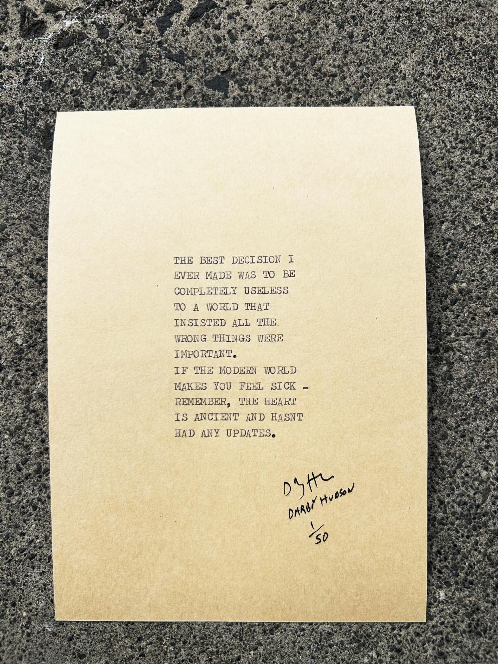 Handtyped, limited edition, "BEST DECISION"